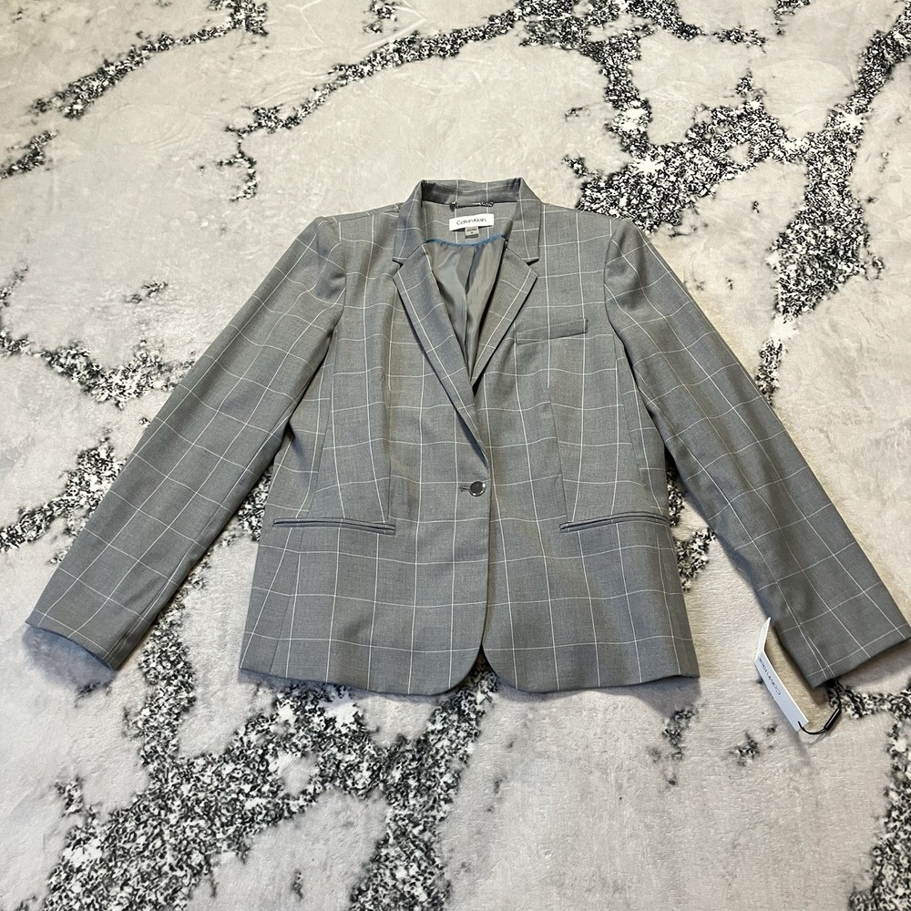 Calvin Klein Blazer‎ Womens Sz 14 Gray Windowpane Plaid Single Button Jacket